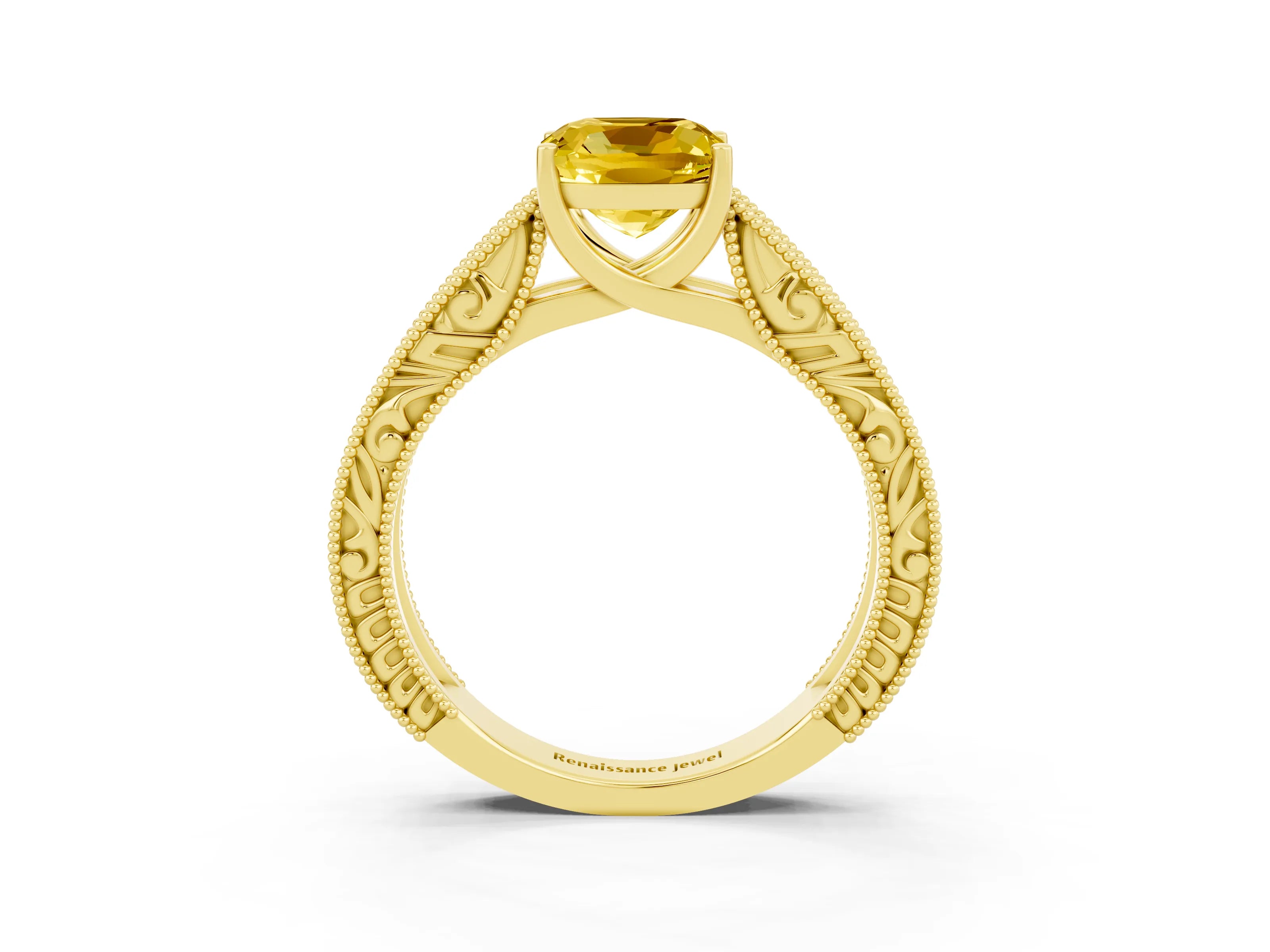 Yellow gold Cushion Cut Yellow Sapphire Solitaire Ring with Engraved Band and Four-Prong Setting_3