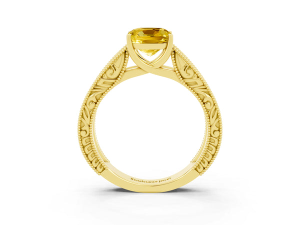 Yellow gold Cushion Cut Yellow Sapphire Solitaire Ring with Engraved Band and Four-Prong Setting