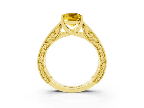 Yellow gold Cushion Cut Yellow Sapphire Solitaire Ring with Engraved Band and Four-Prong Setting_3
