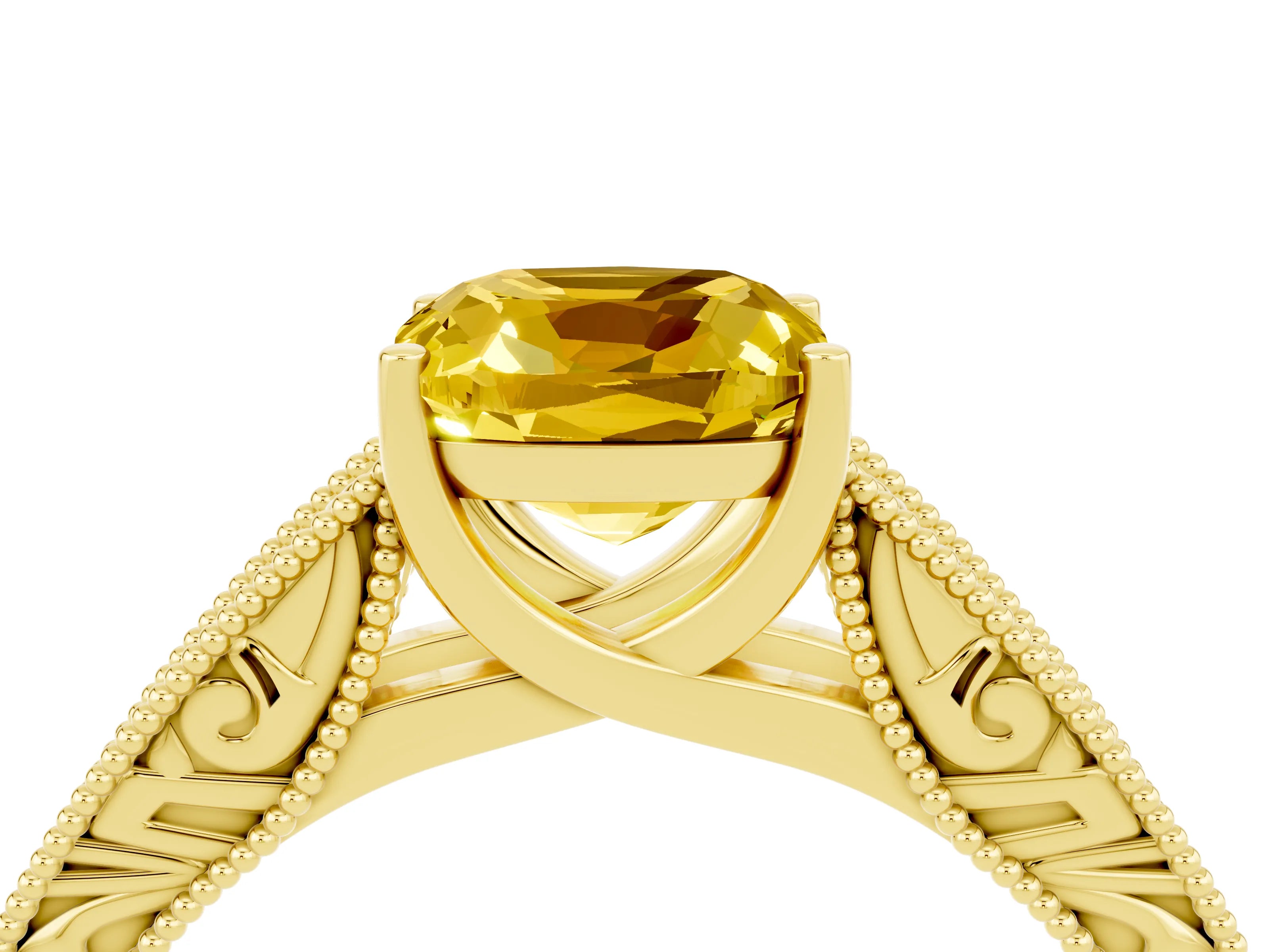Yellow gold Cushion Cut Yellow Sapphire Solitaire Ring with Engraved Band and Four-Prong Setting_4