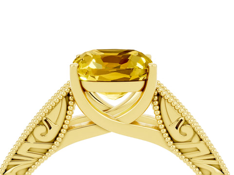 Yellow gold Cushion Cut Yellow Sapphire Solitaire Ring with Engraved Band and Four-Prong Setting_4