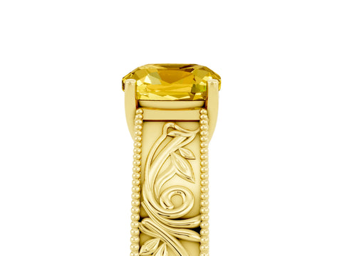 Yellow gold Cushion Cut Yellow Sapphire Solitaire Ring with Engraved Band and Four-Prong Setting_5