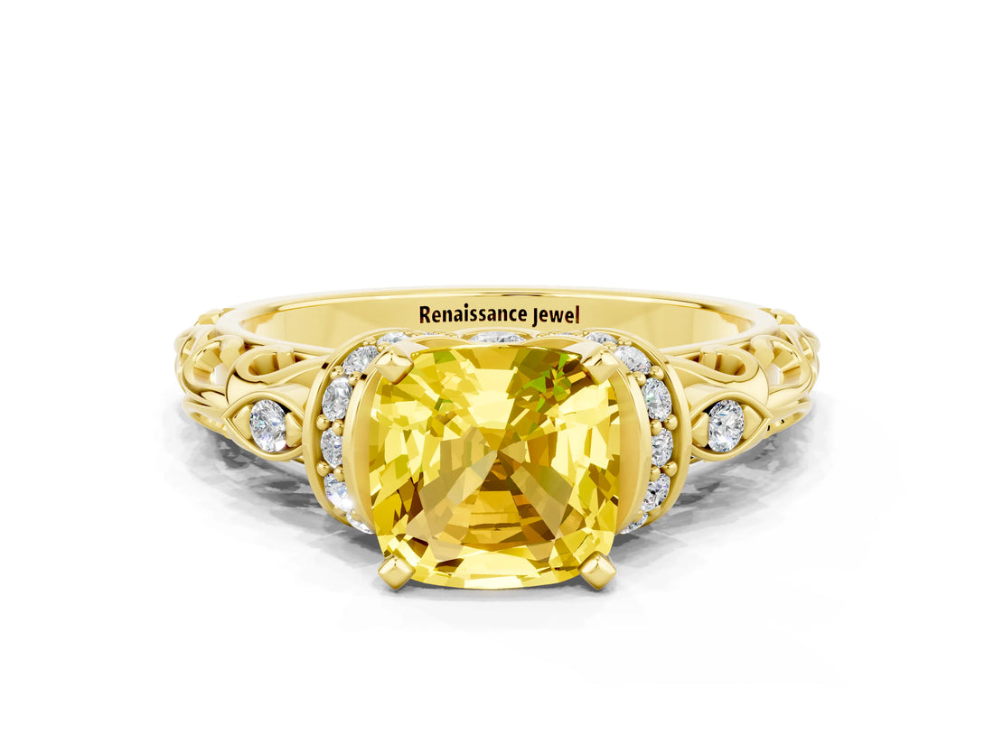 Yellow gold Cushion Cut Yellow Sapphire Solitaire Ring with Filigree Band and Four-Prong Setting_48
