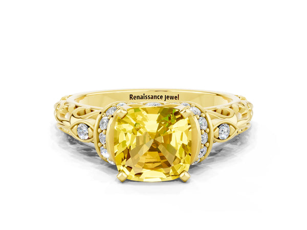 Yellow gold Cushion Cut Yellow Sapphire Solitaire Ring with Filigree Band and Four-Prong Setting