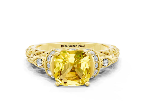 Yellow gold Cushion Cut Yellow Sapphire Solitaire Ring with Filigree Band and Four-Prong Setting_48