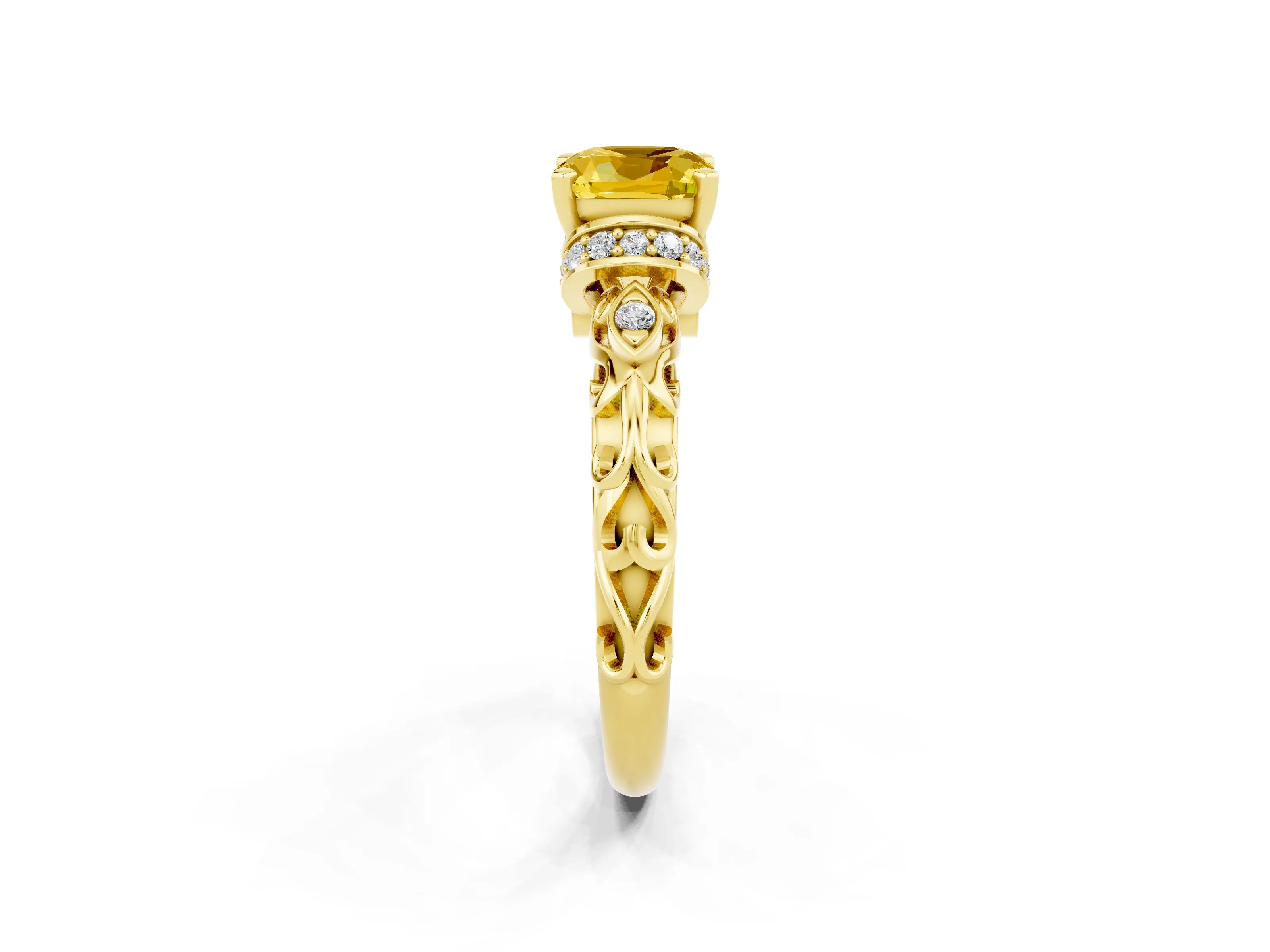 Yellow gold Cushion Cut Yellow Sapphire Solitaire Ring with Filigree Band and Four-Prong Setting_50