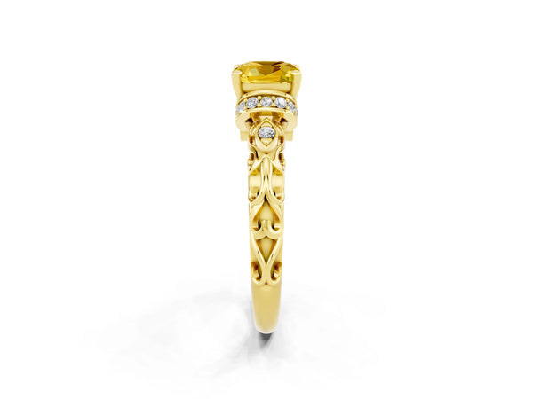 Yellow gold Cushion Cut Yellow Sapphire Solitaire Ring with Filigree Band and Four-Prong Setting