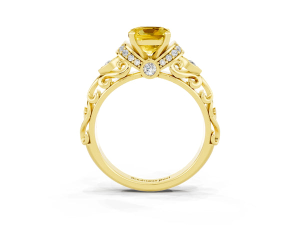 Yellow gold Cushion Cut Yellow Sapphire Solitaire Ring with Filigree Band and Four-Prong Setting