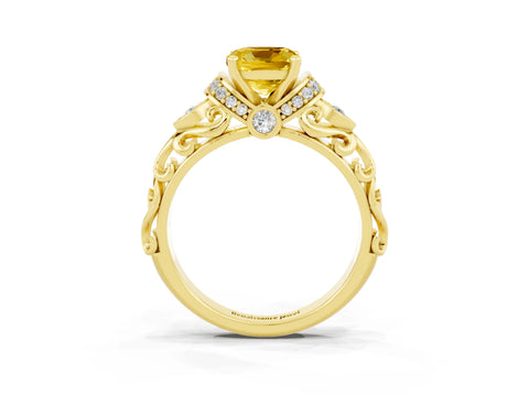 Yellow gold Cushion Cut Yellow Sapphire Solitaire Ring with Filigree Band and Four-Prong Setting_51