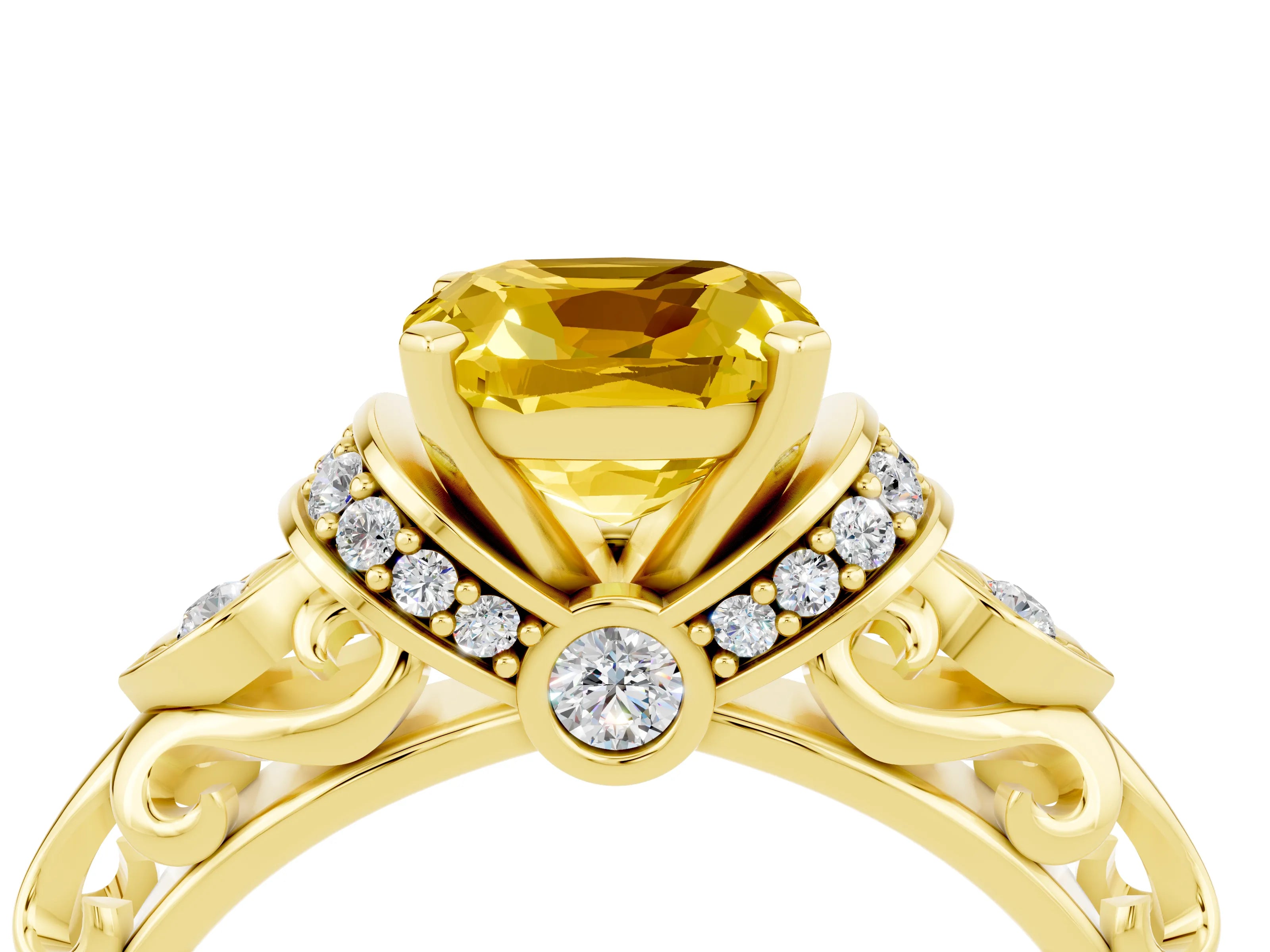 Yellow gold Cushion Cut Yellow Sapphire Solitaire Ring with Filigree Band and Four-Prong Setting_52