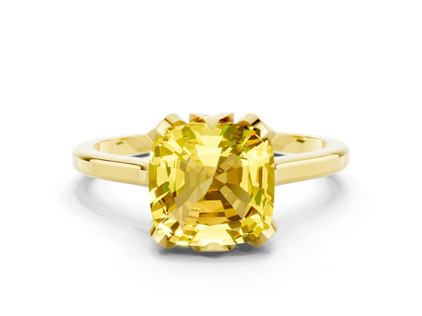 Yellow gold Cushion Cut Yellow Sapphire Solitaire Ring with Flower Prong Setting and Classic Band