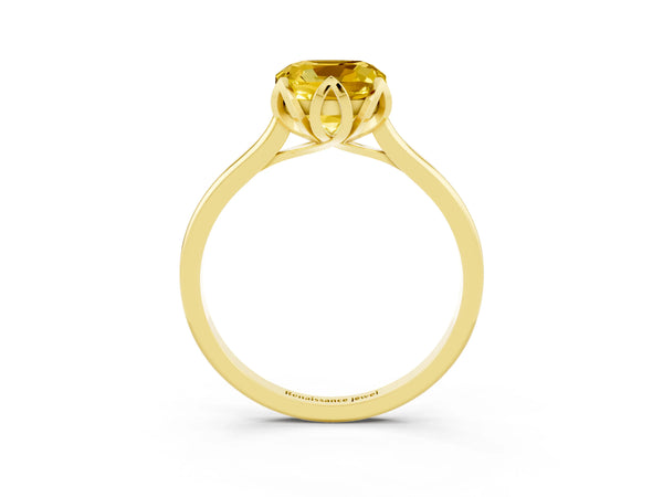 Yellow gold Cushion Cut Yellow Sapphire Solitaire Ring with Flower Prong Setting and Classic Band