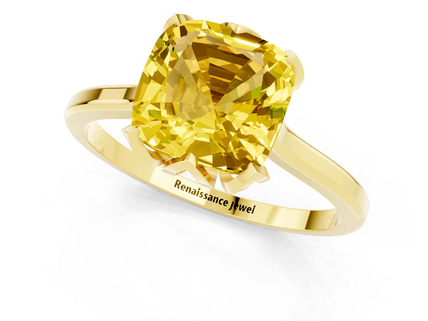 Yellow gold Cushion Cut Yellow Sapphire Solitaire Ring with Flower Prong Setting and Classic Band