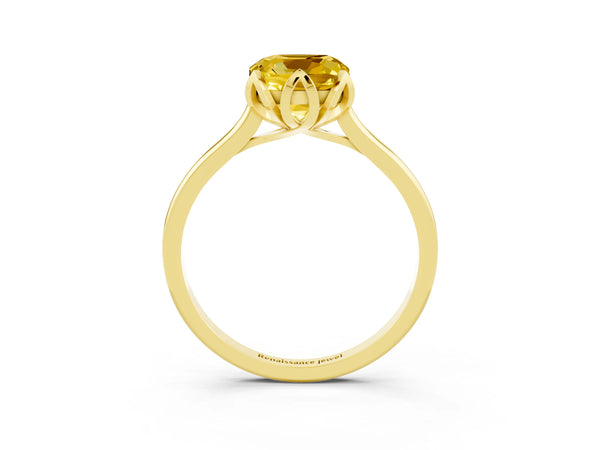 Yellow gold Cushion Cut Yellow Sapphire Solitaire Ring with Flower Prong Setting and Classic Band