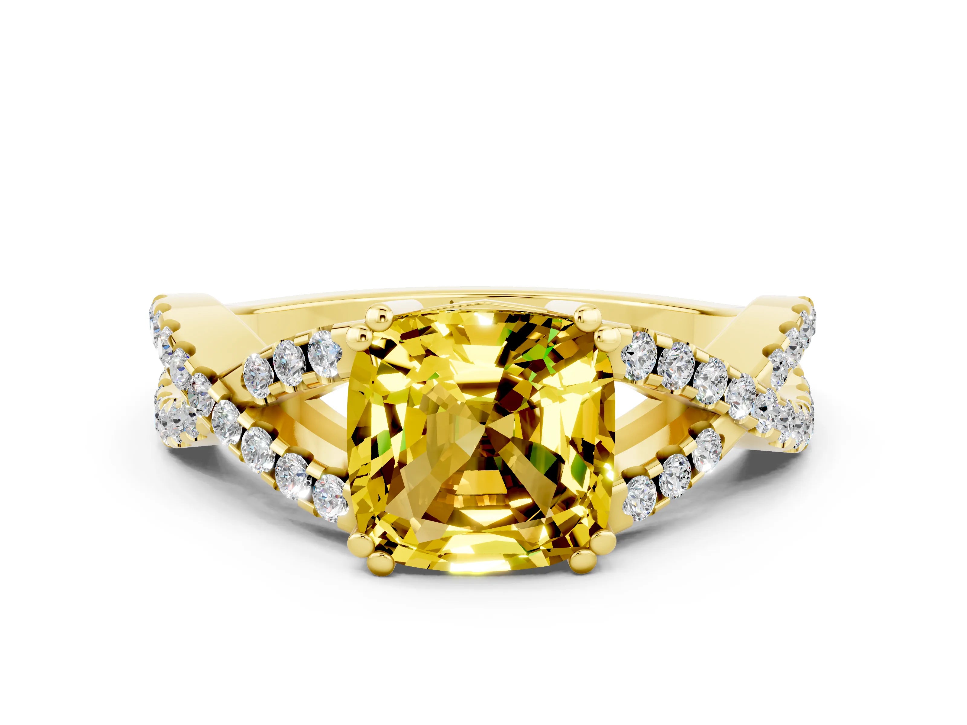 Yellow gold Cushion Cut Yellow Sapphire Solitaire Ring with Four-Prong Setting and Twisted Pavé Band_12
