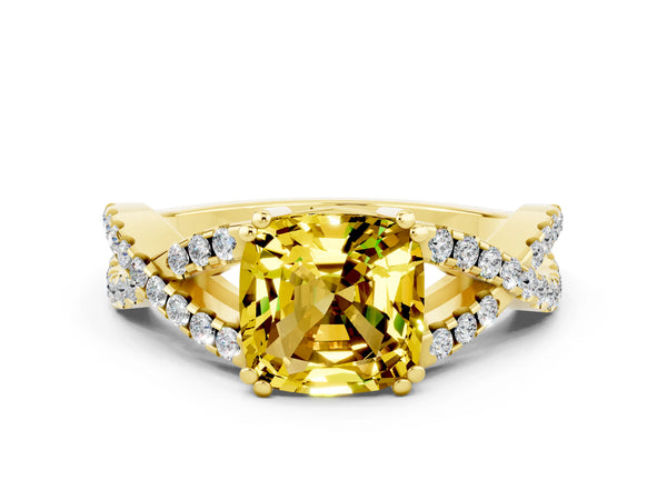 Yellow gold Cushion Cut Yellow Sapphire Solitaire Ring with Four-Prong Setting and Twisted Pavé Band