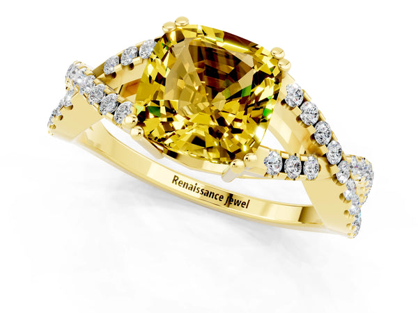 Yellow gold Cushion Cut Yellow Sapphire Solitaire Ring with Four-Prong Setting and Twisted Pavé Band