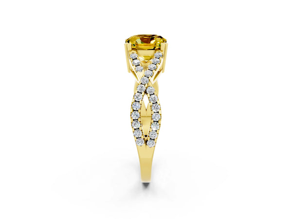 Yellow gold Cushion Cut Yellow Sapphire Solitaire Ring with Four-Prong Setting and Twisted Pavé Band