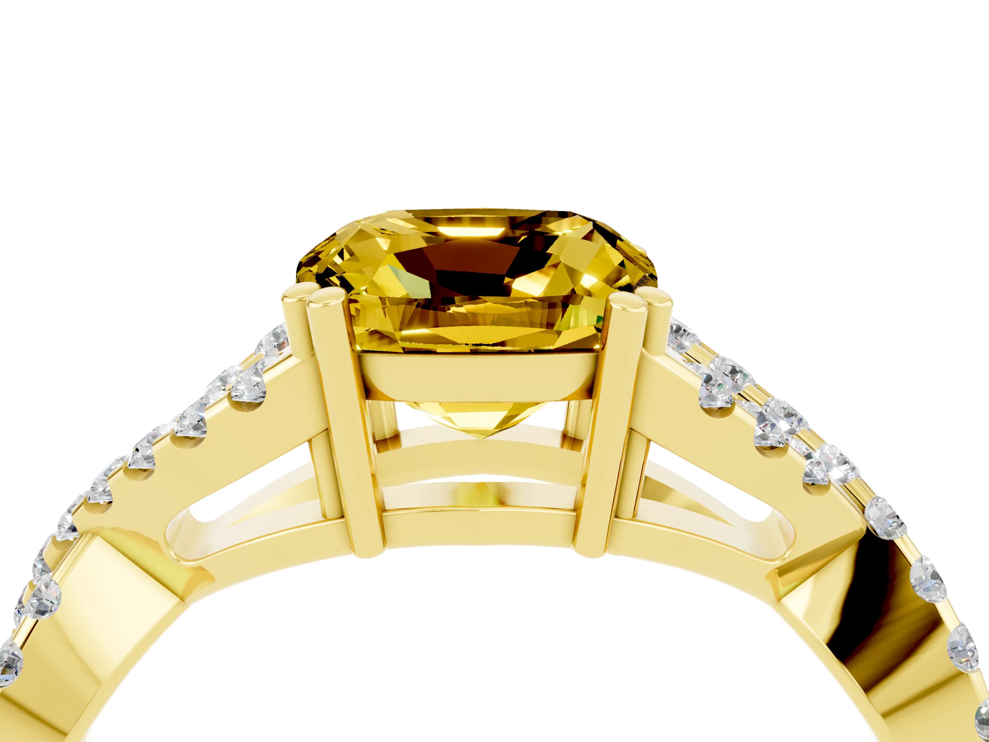 Yellow gold Cushion Cut Yellow Sapphire Solitaire Ring with Four-Prong Setting and Twisted Pavé Band_16