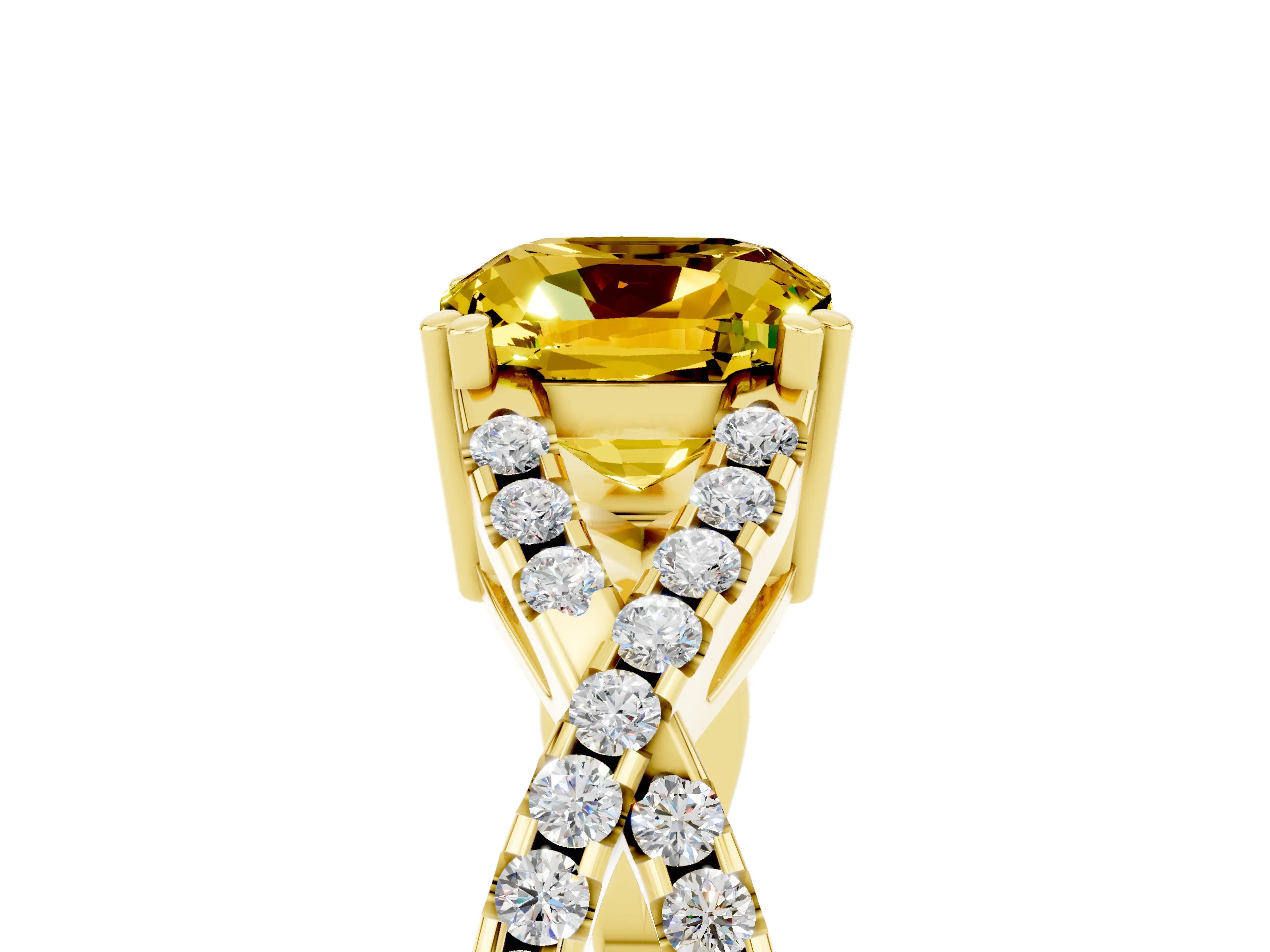 Yellow gold Cushion Cut Yellow Sapphire Solitaire Ring with Four-Prong Setting and Twisted Pavé Band_17