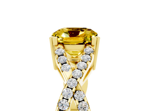 Yellow gold Cushion Cut Yellow Sapphire Solitaire Ring with Four-Prong Setting and Twisted Pavé Band_17