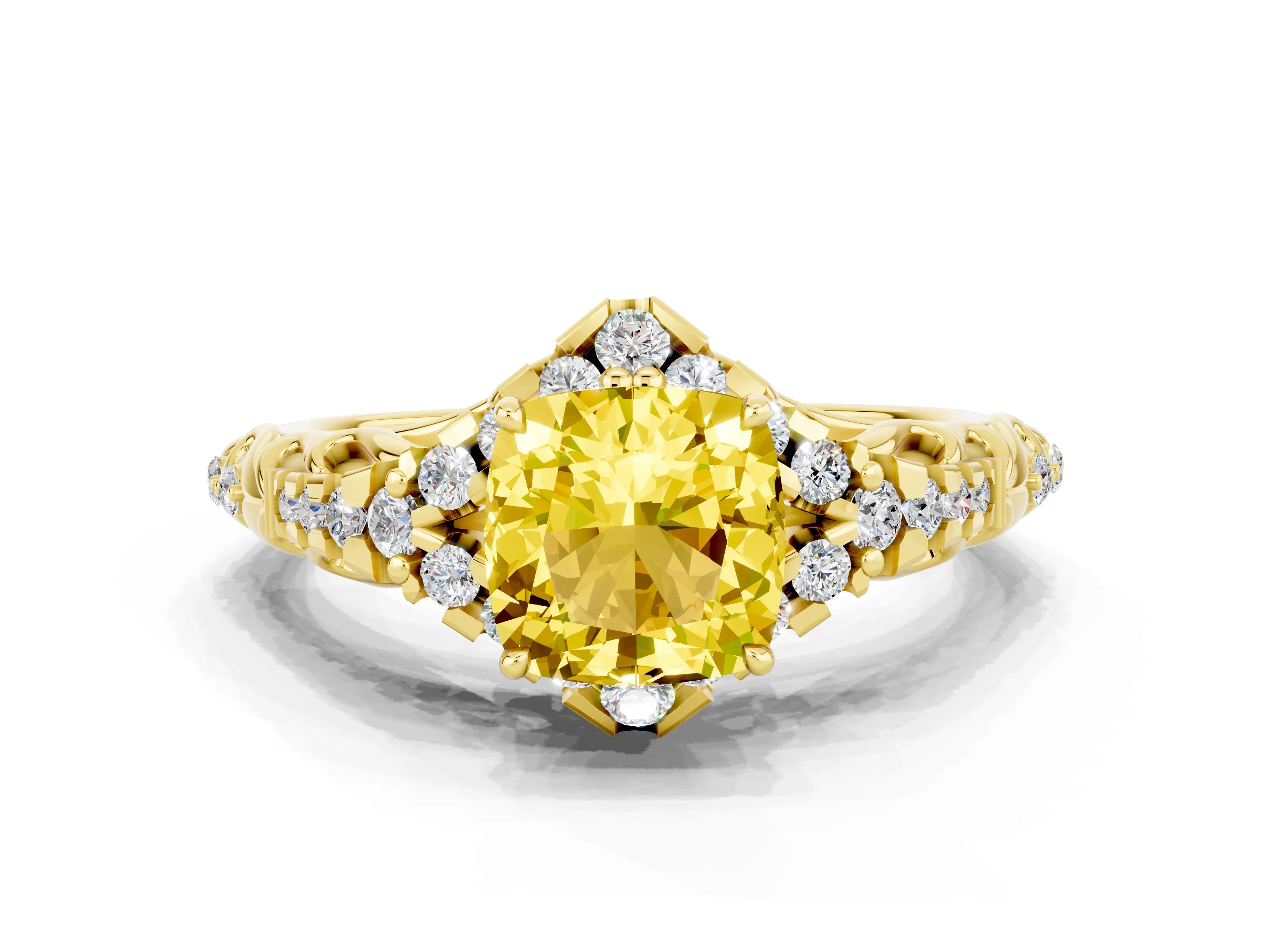 Yellow gold Cushion Cut Yellow Sapphire Solitaire Ring with Hidden Halo and Pavé Band_12