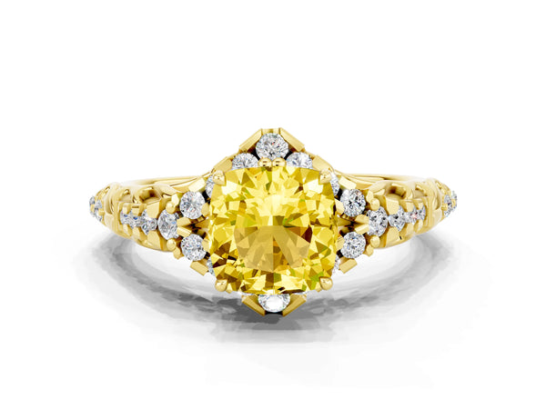 Yellow gold Cushion Cut Yellow Sapphire Solitaire Ring with Hidden Halo and Pavé Band