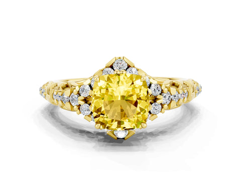 Yellow gold Cushion Cut Yellow Sapphire Solitaire Ring with Hidden Halo and Pavé Band_12