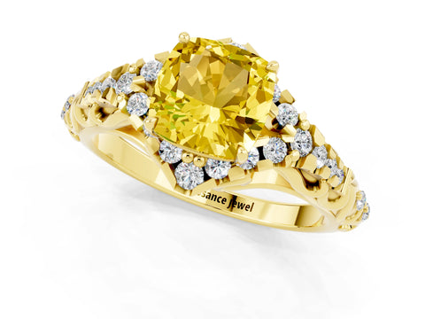 Yellow gold Cushion Cut Yellow Sapphire Solitaire Ring with Hidden Halo and Pavé Band_13