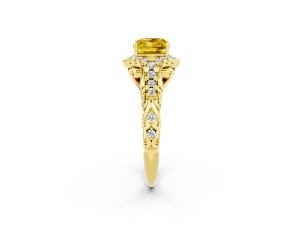 Yellow gold Cushion Cut Yellow Sapphire Solitaire Ring with Hidden Halo and Pavé Band