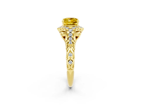 Yellow gold Cushion Cut Yellow Sapphire Solitaire Ring with Hidden Halo and Pavé Band_14