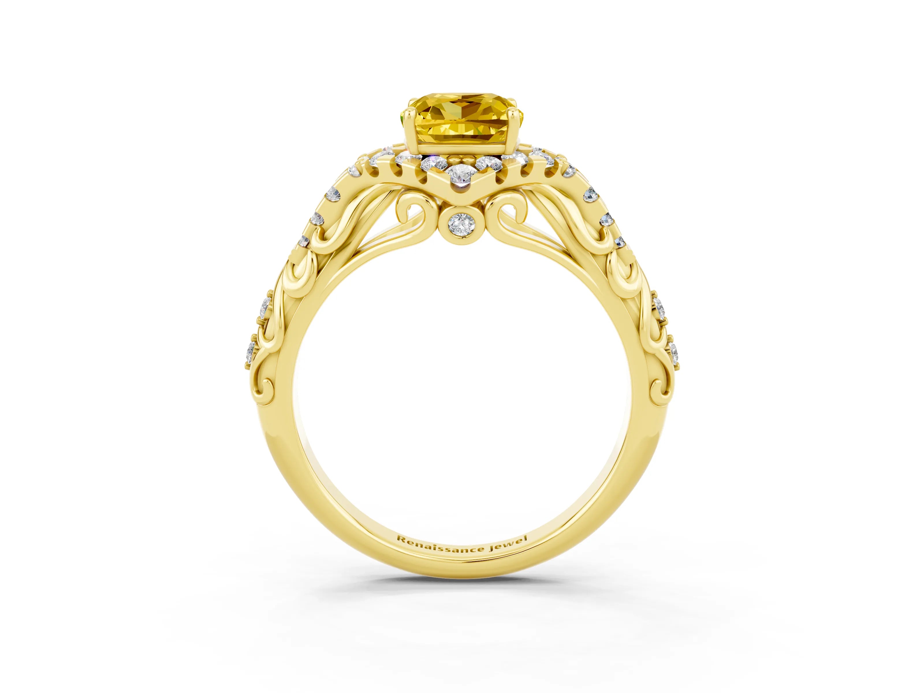 Yellow gold Cushion Cut Yellow Sapphire Solitaire Ring with Hidden Halo and Pavé Band_15