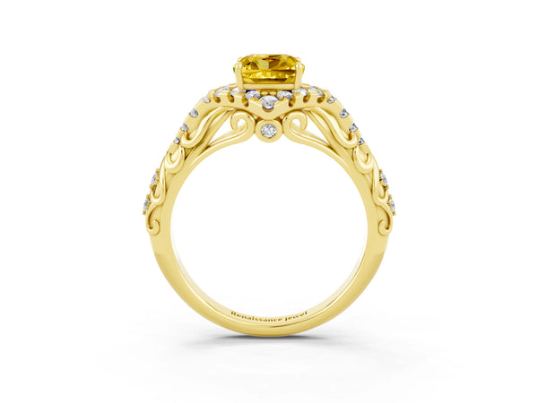 Yellow gold Cushion Cut Yellow Sapphire Solitaire Ring with Hidden Halo and Pavé Band