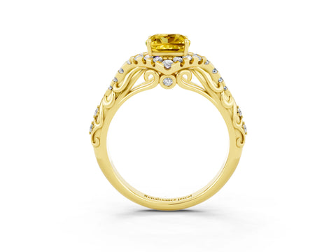 Yellow gold Cushion Cut Yellow Sapphire Solitaire Ring with Hidden Halo and Pavé Band_15