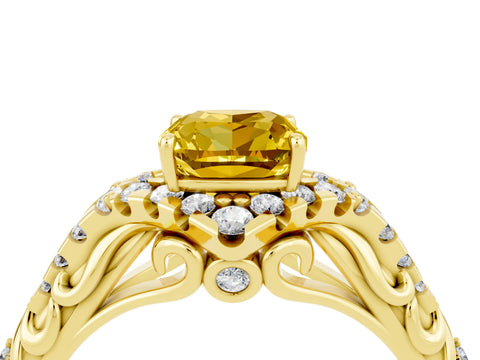 Yellow gold Cushion Cut Yellow Sapphire Solitaire Ring with Hidden Halo and Pavé Band_16