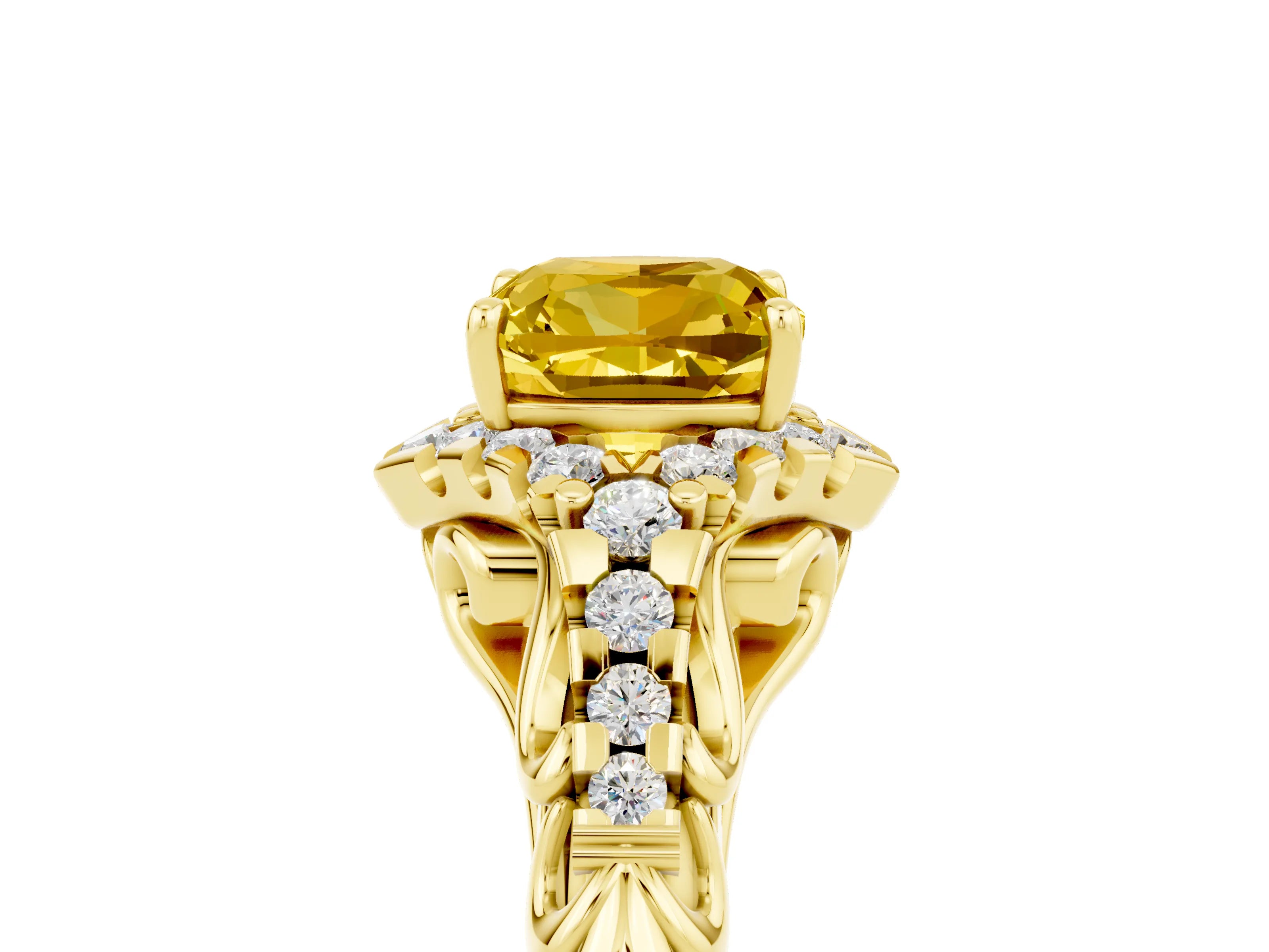 Yellow gold Cushion Cut Yellow Sapphire Solitaire Ring with Hidden Halo and Pavé Band_17