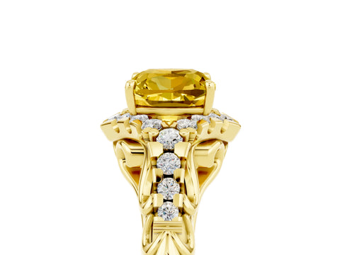 Yellow gold Cushion Cut Yellow Sapphire Solitaire Ring with Hidden Halo and Pavé Band_17