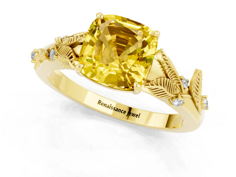 Yellow gold Cushion Cut Yellow Sapphire Solitaire Ring with Leaf Motif Band and Four-Prong Setting_1