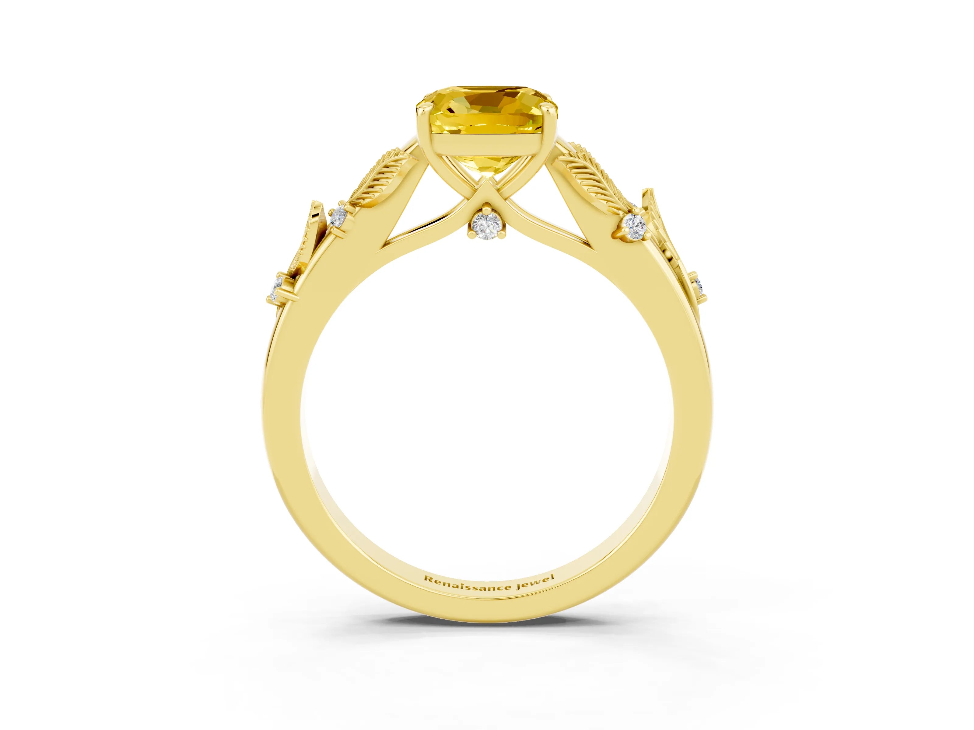 Yellow gold Cushion Cut Yellow Sapphire Solitaire Ring with Leaf Motif Band and Four-Prong Setting_3
