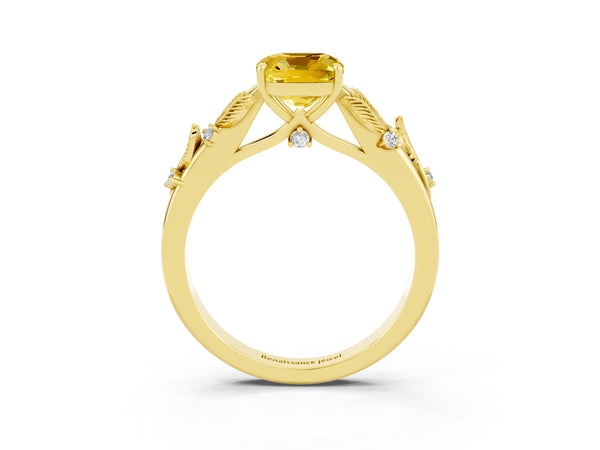 Yellow gold Cushion Cut Yellow Sapphire Solitaire Ring with Leaf Motif Band and Four-Prong Setting