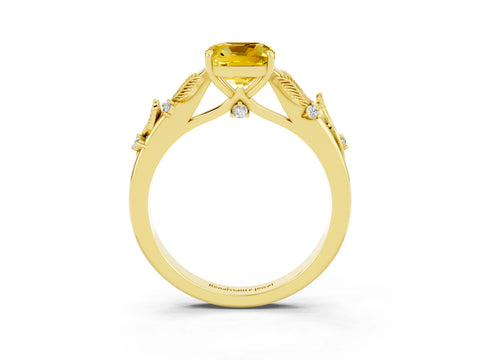 Yellow gold Cushion Cut Yellow Sapphire Solitaire Ring with Leaf Motif Band and Four-Prong Setting_3
