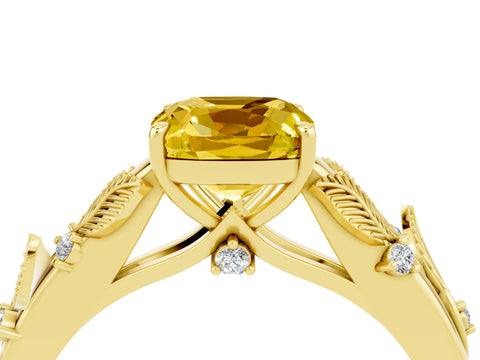 Yellow gold Cushion Cut Yellow Sapphire Solitaire Ring with Leaf Motif Band and Four-Prong Setting_4