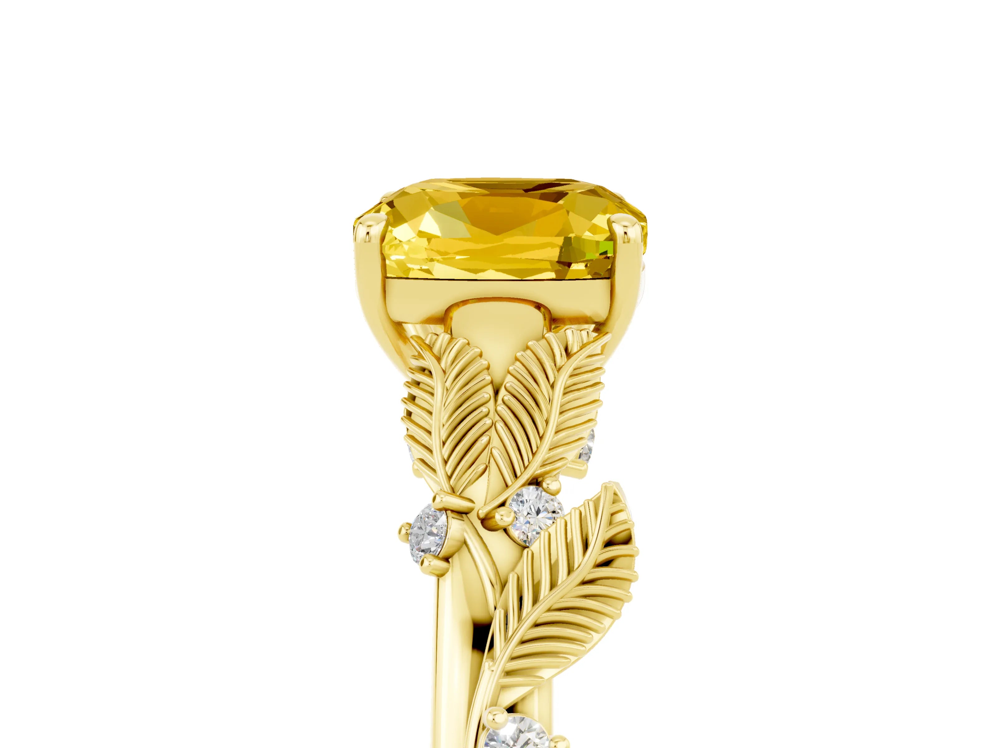 Yellow gold Cushion Cut Yellow Sapphire Solitaire Ring with Leaf Motif Band and Four-Prong Setting_5