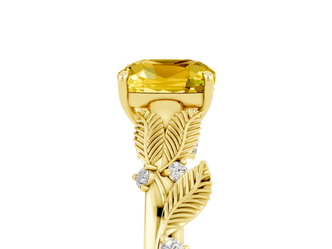 Yellow gold Cushion Cut Yellow Sapphire Solitaire Ring with Leaf Motif Band and Four-Prong Setting_5