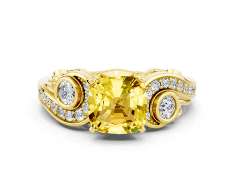 Yellow gold Cushion Cut Yellow Sapphire Solitaire Ring with Milgrain Pavé Band and Four-Prong Setting_24