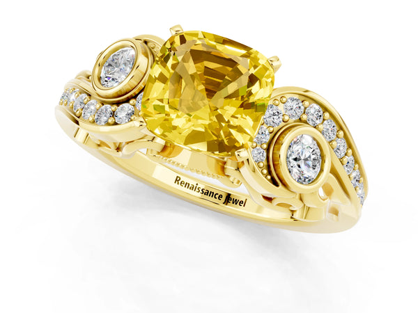 Yellow gold Cushion Cut Yellow Sapphire Solitaire Ring with Milgrain Pavé Band and Four-Prong Setting