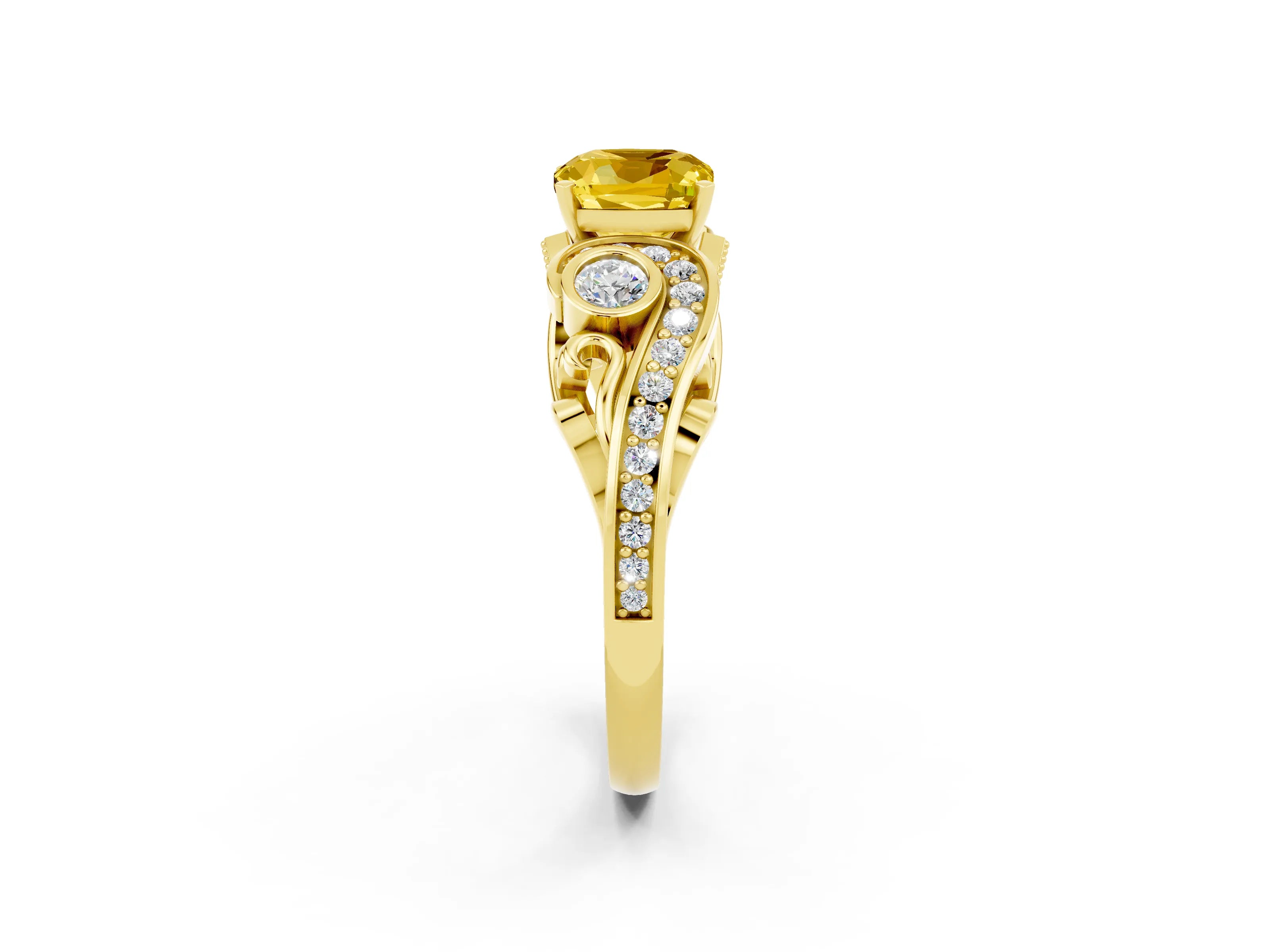 Yellow gold Cushion Cut Yellow Sapphire Solitaire Ring with Milgrain Pavé Band and Four-Prong Setting_26