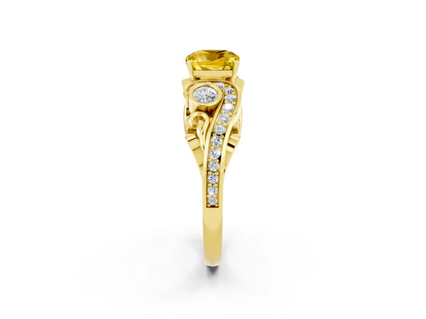 Yellow gold Cushion Cut Yellow Sapphire Solitaire Ring with Milgrain Pavé Band and Four-Prong Setting