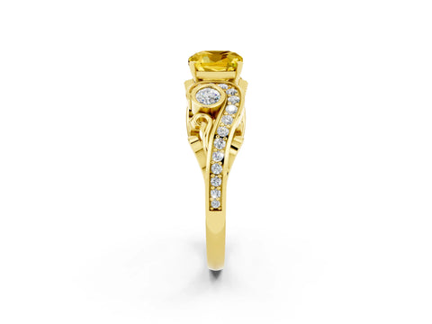 Yellow gold Cushion Cut Yellow Sapphire Solitaire Ring with Milgrain Pavé Band and Four-Prong Setting_26