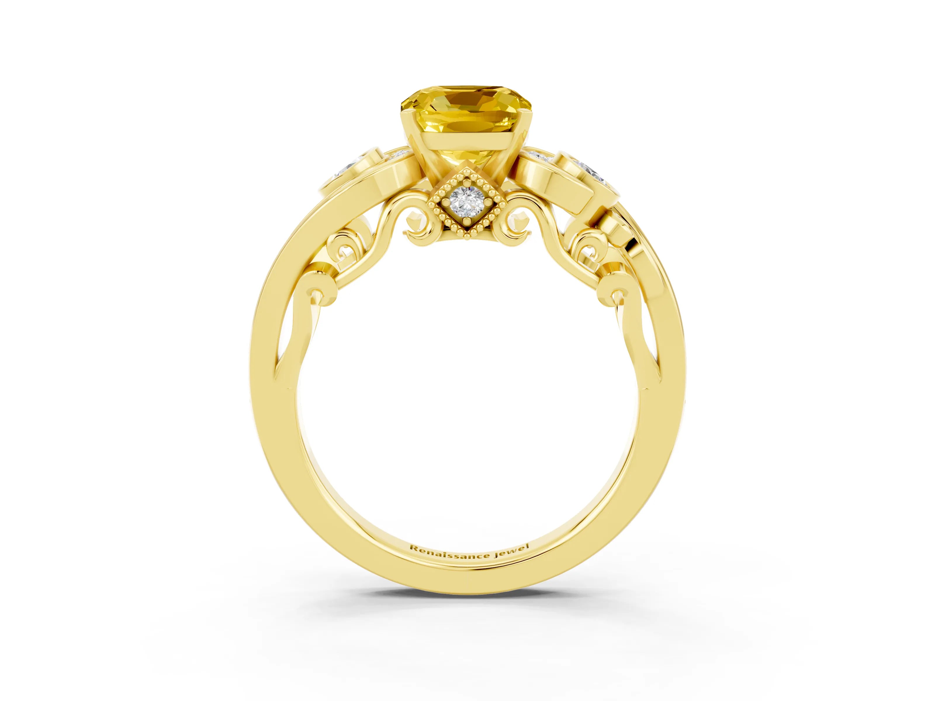 Yellow gold Cushion Cut Yellow Sapphire Solitaire Ring with Milgrain Pavé Band and Four-Prong Setting_27
